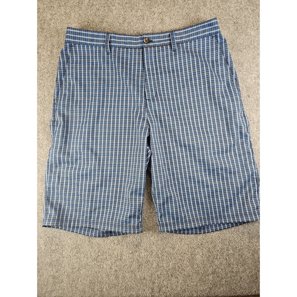 Adidas Size 34 Mens Golf Athletic Flat Front Shorts Blue Black Plaid 1491